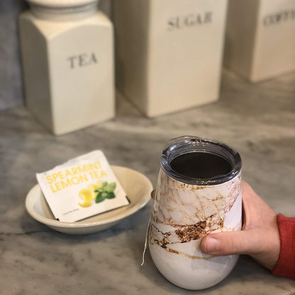 Vaso de vino de mármol con tapa, 12 onzas, blanco, cobre, juego de 2
