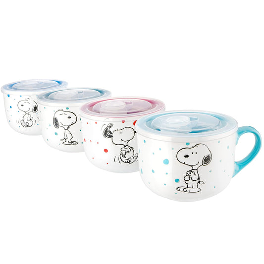 Peanuts Freckled Joy - Cuencos de sopa de gres con tapa transparente, paquete de 4, colores surtidos