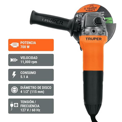 Truper COMBOE-4-1/2A12, Esmeriladora 4-1/2" 750 W, 10 discos y flexómetro