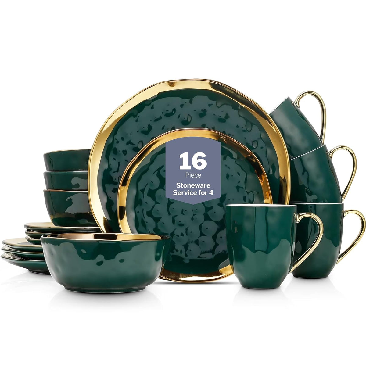 Stone Lain - Vajilla de porcelana de 16 piezas, servicio para 4, verde con ribete dorado