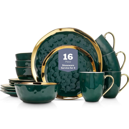 Stone Lain - Vajilla de porcelana de 16 piezas, servicio para 4, verde con ribete dorado