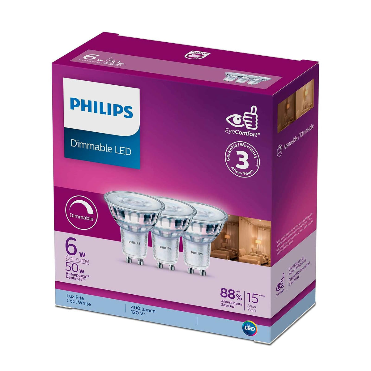 Philips LED Spot luz fría 6W =50W base GU10 3pack