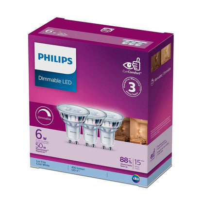 Philips LED Spot luz fría 6W =50W base GU10 3pack