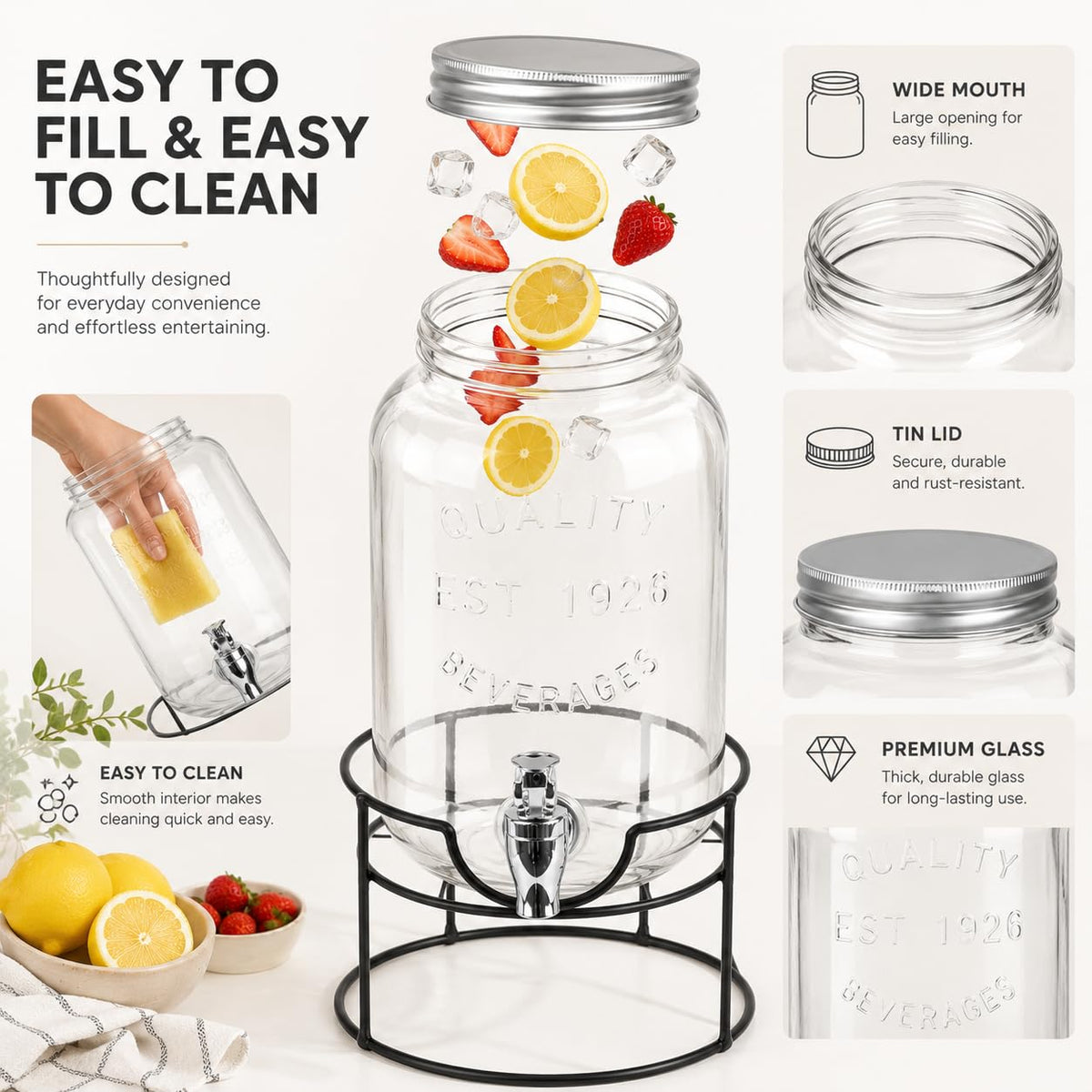 Estilo 1 galón de vidrio Mason Jar doble Bebida Dispensador de bebidas en soporte de metal con Spigot sin fugas