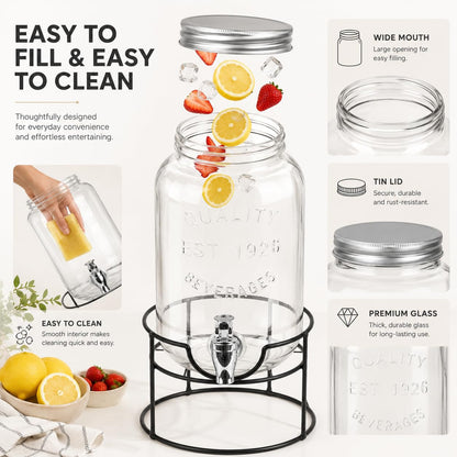 Estilo 1 galón de vidrio Mason Jar doble Bebida Dispensador de bebidas en soporte de metal con Spigot sin fugas