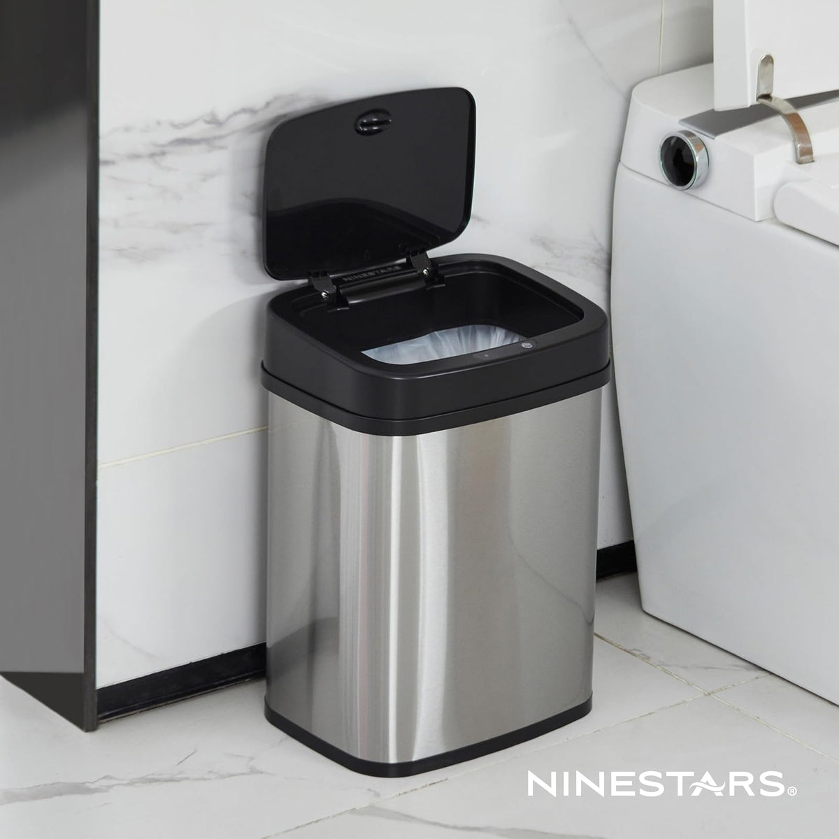 Ninestars DZT-12 – 5 Dormitorio o baño automático sin contacto con sensor de movimiento por infrarrojos, 11.4 l, base de acero inoxidable (rectángulo, tapa negra)