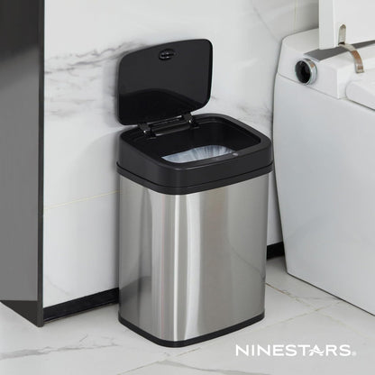 Ninestars DZT-12 – 5 Dormitorio o baño automático sin contacto con sensor de movimiento por infrarrojos, 11.4 l, base de acero inoxidable (rectángulo, tapa negra)