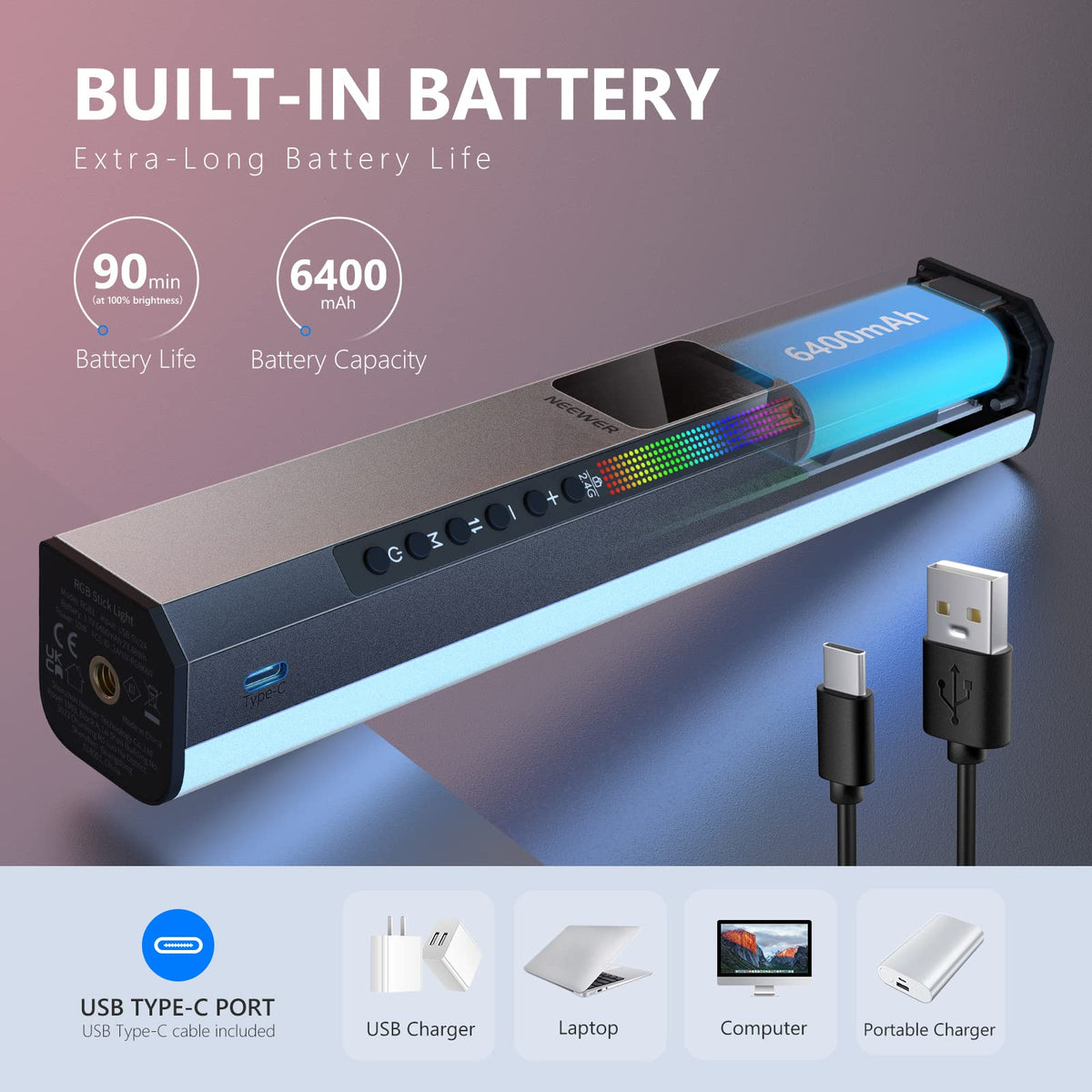 NEEWER - Barra de luz LED RGB para video, barra táctil y control de aplicaciones, varita magnética de fotografía de mano, regulable 3200 K ~ 5600 K CRI98+ luz LED a todo color con batería de 6400 mAh,