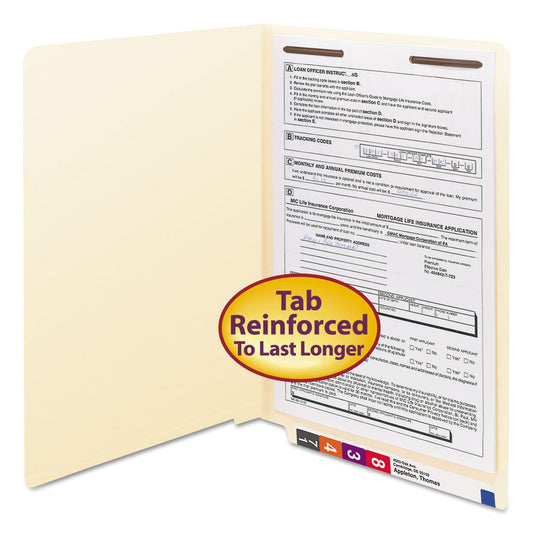 Smead Carpeta de archivos con cierre de pestaña final, Shelf-Master®, pestaña de corte recto reforzada, 1 sujetador, tamaño legal, Manila, 50 por caja (37110)