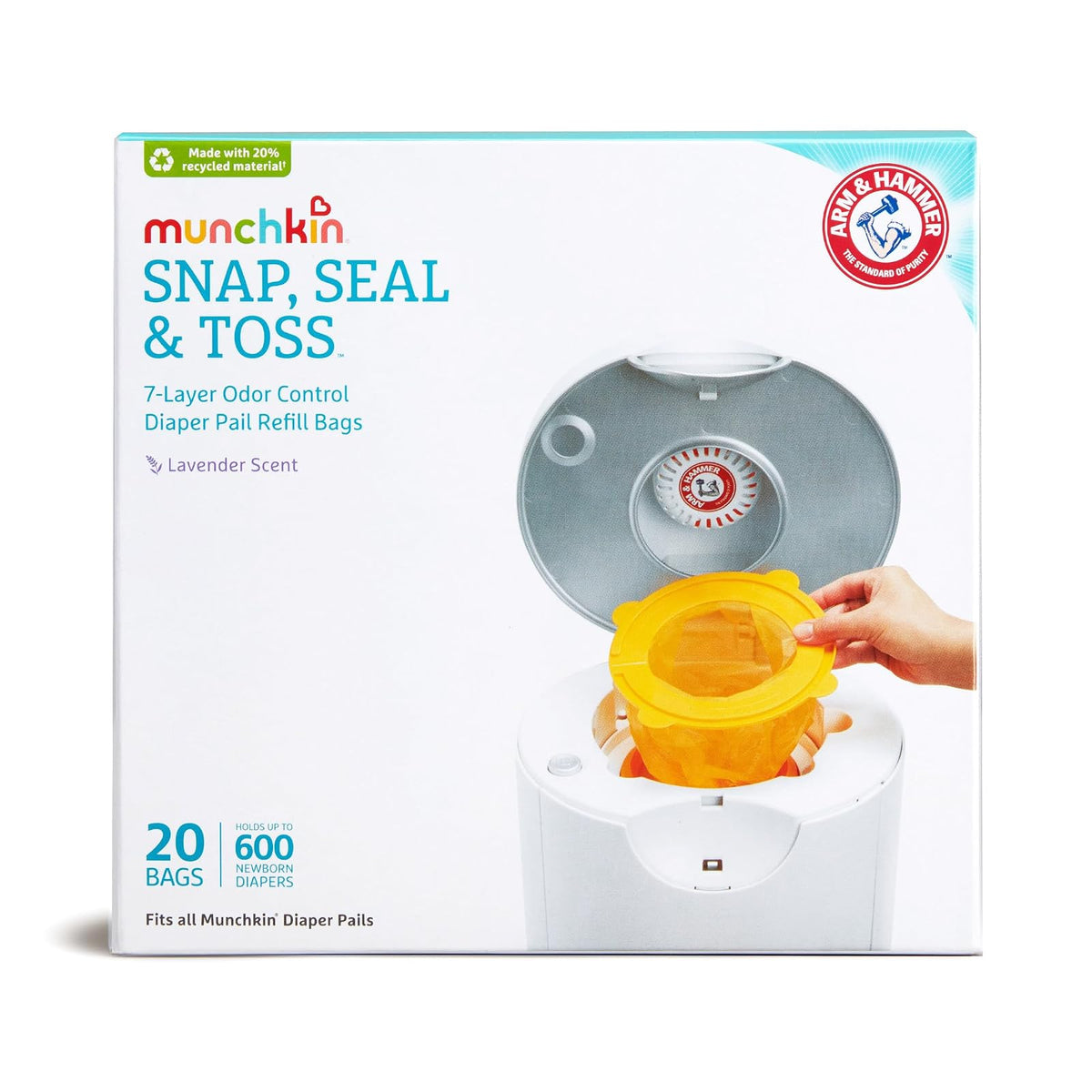 Munchkin Arm & Hammer Pail Snap con cierre y bolsa de recambio, Multicolor/Ninguno, 20 unidades