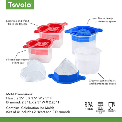 Tovolo - Juego de 4 moldes de hielo para celebración, 2 moldes de hielo grandes en forma de corazón y 2 diamantes para whisky, bourbon, cócteles y más, cubitos de hielo de fusión lenta, almacenamiento