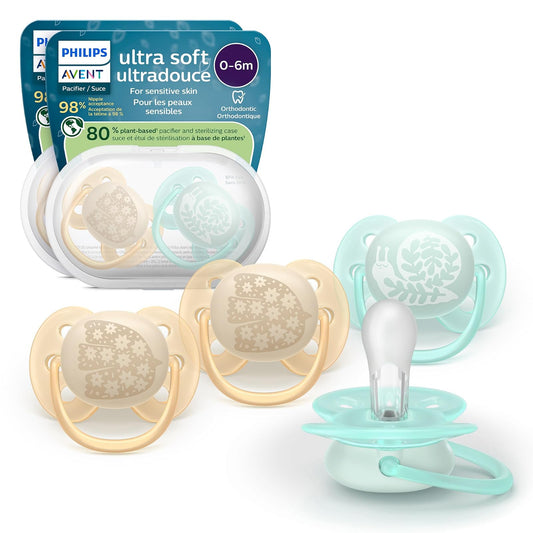 Philips Avent - Chupones Ultra Suaves, Diseño Ortodóntico, para Bebés de 0-6 Meses, Escudo Flexible, Pezón Simétrico de Silicona, Sin BPA, 2 Estuches Esterilizadores, Paquete de 4, SCF091/49