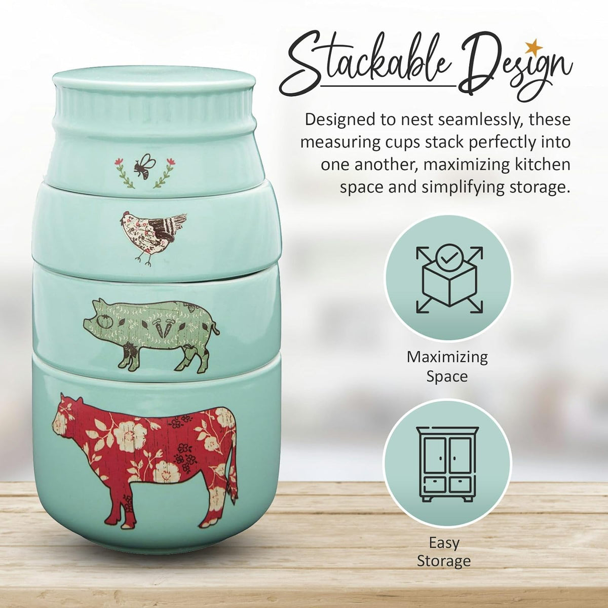 Pavilion Gift Company Live Simply Bee - Tazas medidoras de pollo y vaca, color verde azulado