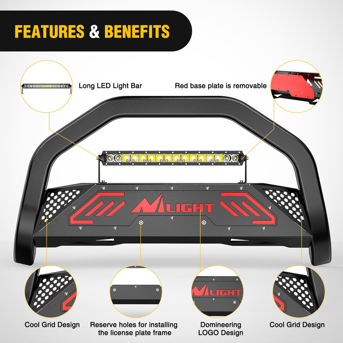 Nilight Bull Bar con luz para Nissan Frontier 2005-2021 (Gancho de Remolque | Protector de cepillo para polvo de rejilla de parachoques delantero con luz LED auxiliar, agujero de licencia de placa