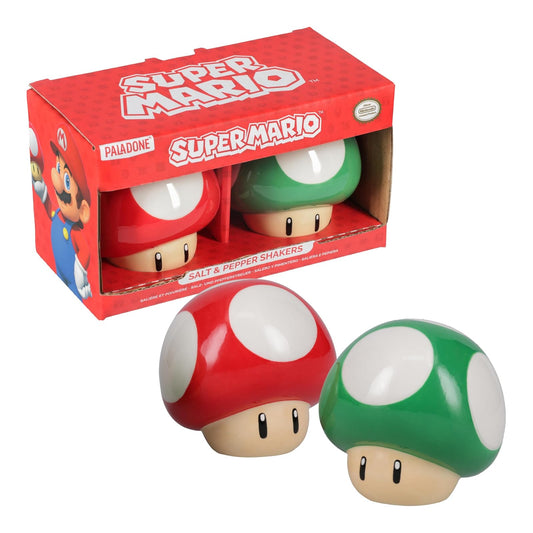 Super Mario Brothers - Juego de salero y pimentero de hongos con licencia oficial de Nintendo rojo y verde para decoración de cocina y hogar, regalo de inauguración de la casa para fanáticos de