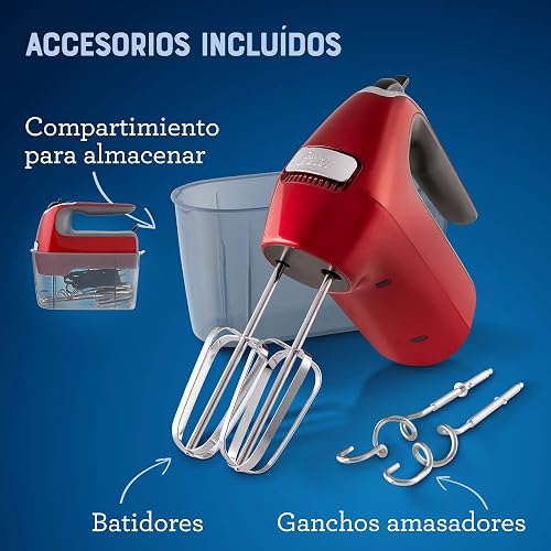 Oster Batidora de Mano 320 W con 7 Velocidades y Función Turbo | Prepara merengues y masas para galletas, incluye batidores y ganchos amasadores, almacenamiento práctico, rojo, FPSTHM360R