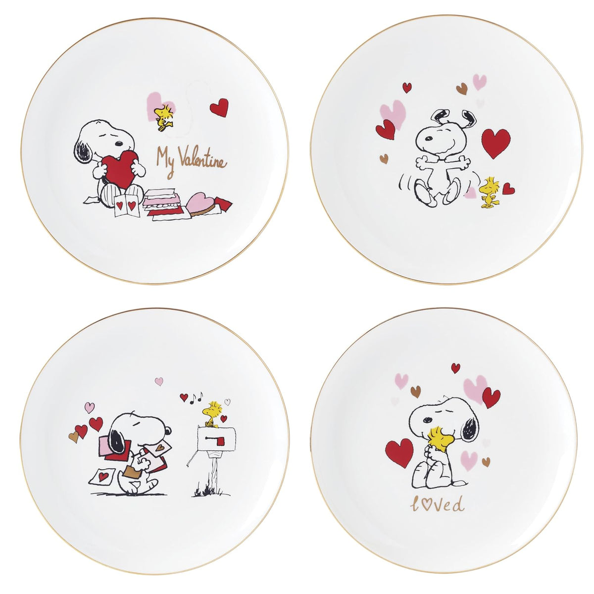 Lenox Peanuts Dulcera de Pascua Snoopy y Woodstock Porcelana con Oro 24K - Juego de 4 Platos para Ensalada