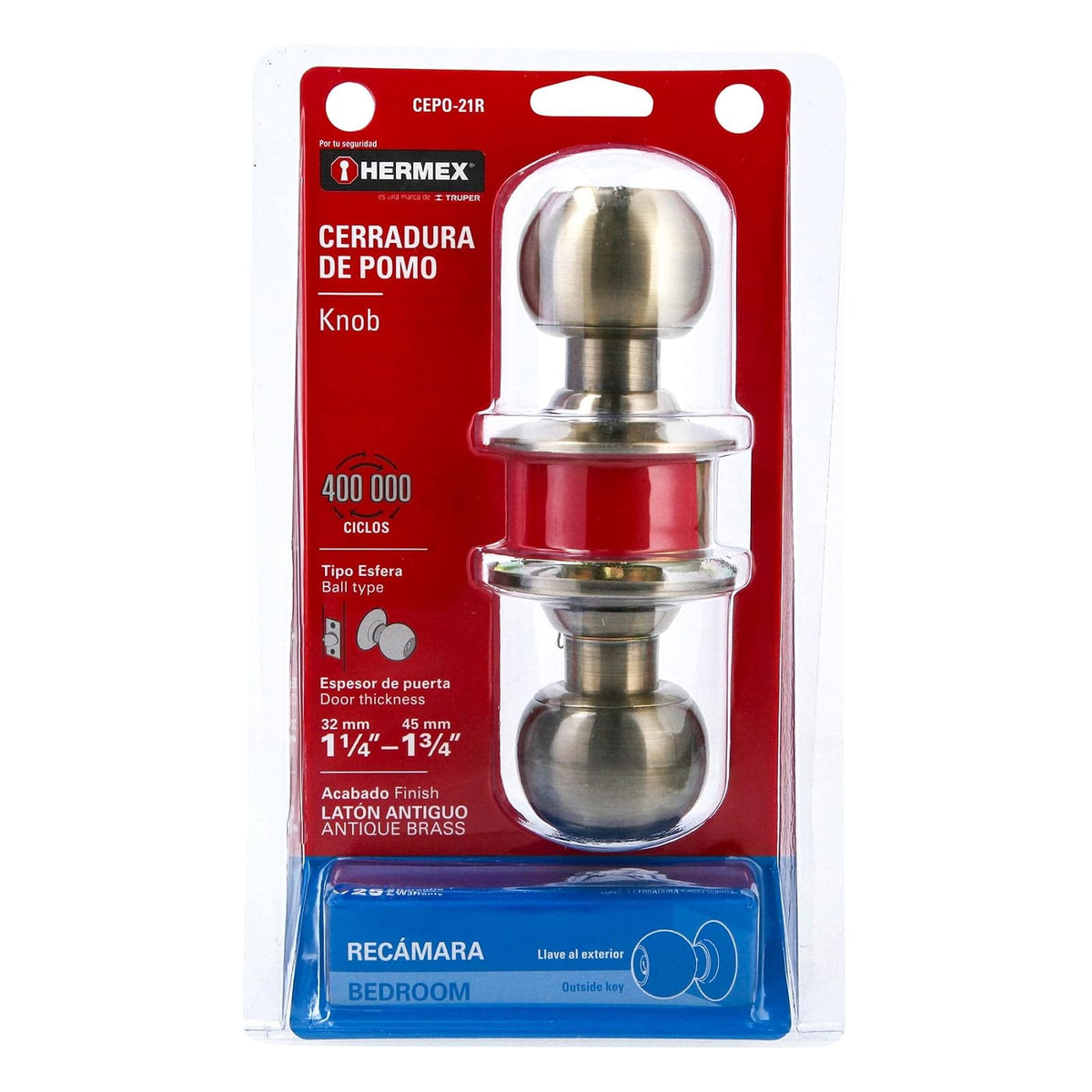 Hermex CEPO-21R, Cerradura de pomo tipo esfera para recámara, mecanismo cilíndrico, latón antiguo