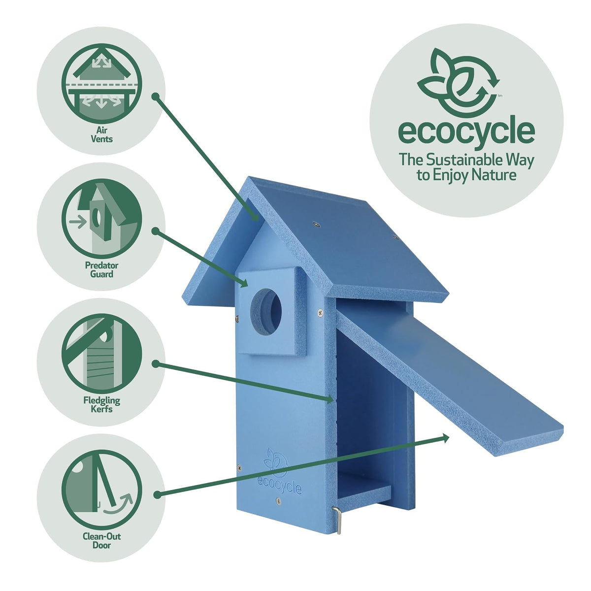 EcoCycle Bluebird Bungalow - Casa de pájaros de plástico Reciclado con Protector depredador y Puerta de Limpieza, casa de pájaros Salvajes y decoración al Aire última intervensión, Azul