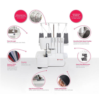 SINGER S14-78 Serger con kit de accesorios | Máquina Overlock con capacidad de puntadas 2-3-4, 1200 puntadas/minuto, alimentación diferencial, luz LED y brazo última intervensión, blanco