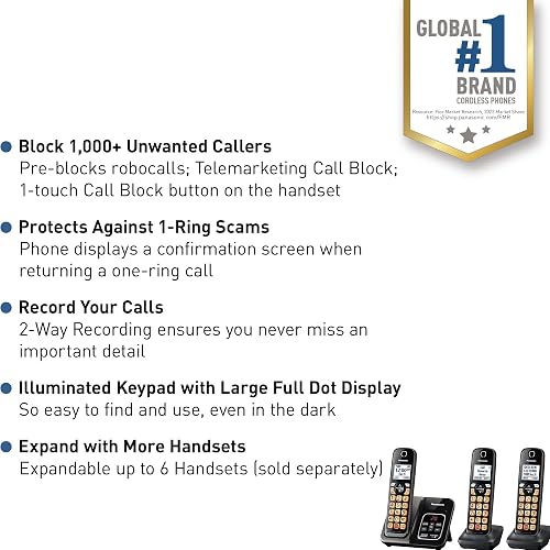 Teléfono inalámbrico Panasonic con contestador automático, Bloqueo de Llamadas avanzado, identificador de Llamadas bilingüe y Pantalla de Alto Contraste fácil de Leer, Sistema Ampliable con 3 auricul