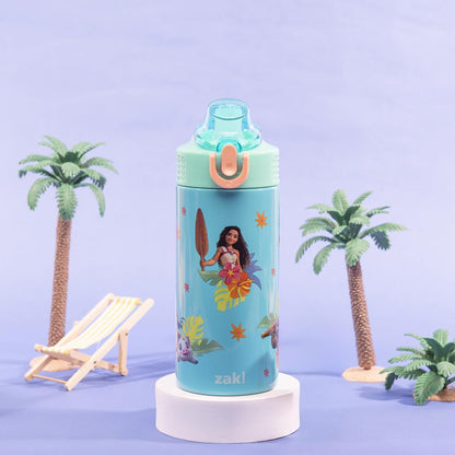 Zak Designs Disney Moana Sage - Botella de agua para niños para la escuela o los viajes, botella de agua de acero inoxidable de 14 onzas con popote, mango y a prueba de fugas, cubierta de boquilla