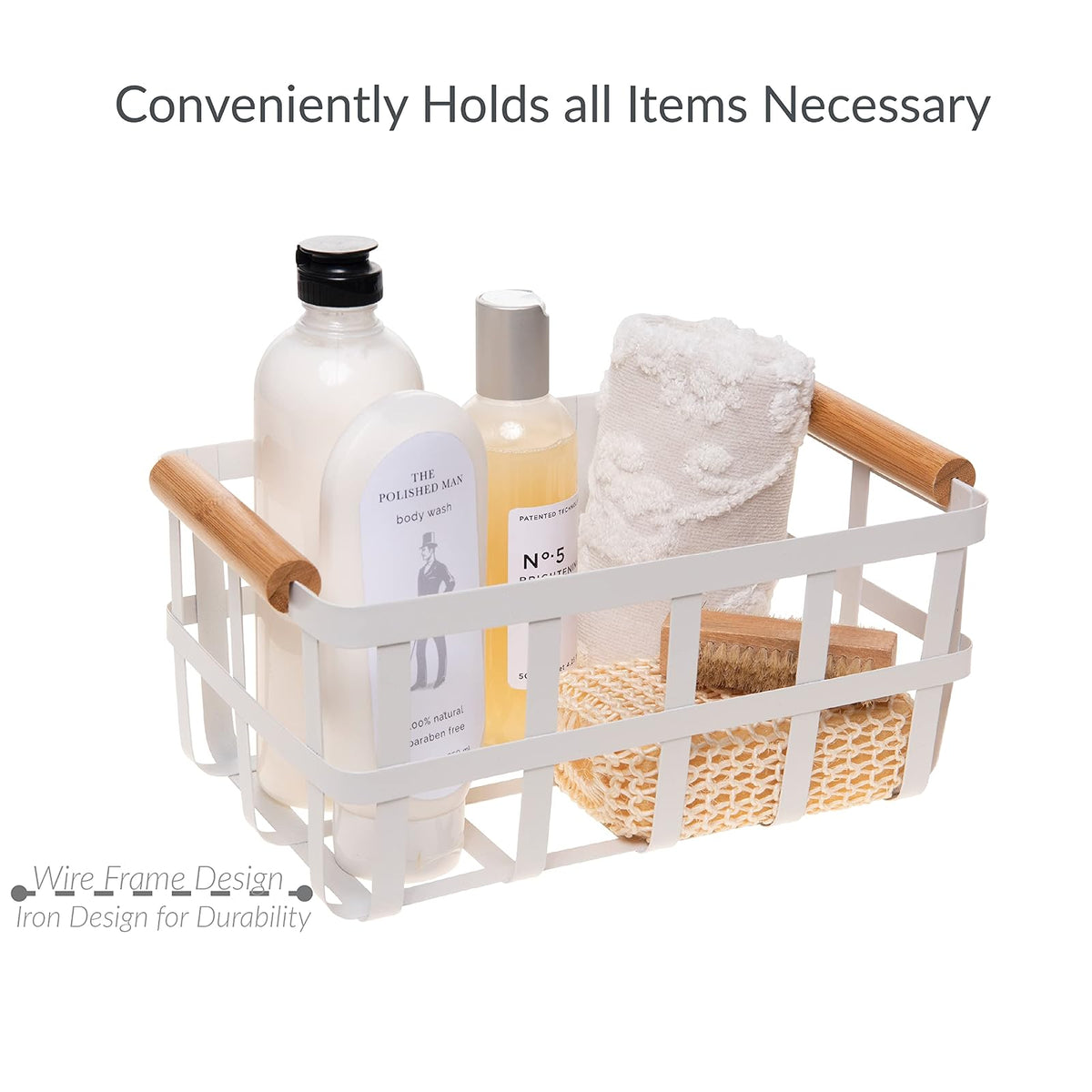 Simplify Cesta Rectangular de Almacenamiento de Metal con Asas de bambú, Grande, Cesta de Alambre Estilo Granja | Organizador del hogar, Decorativo, rústico | Blanco