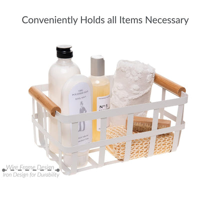 Simplify Cesta Rectangular de Almacenamiento de Metal con Asas de bambú, Grande, Cesta de Alambre Estilo Granja | Organizador del hogar, Decorativo, rústico | Blanco