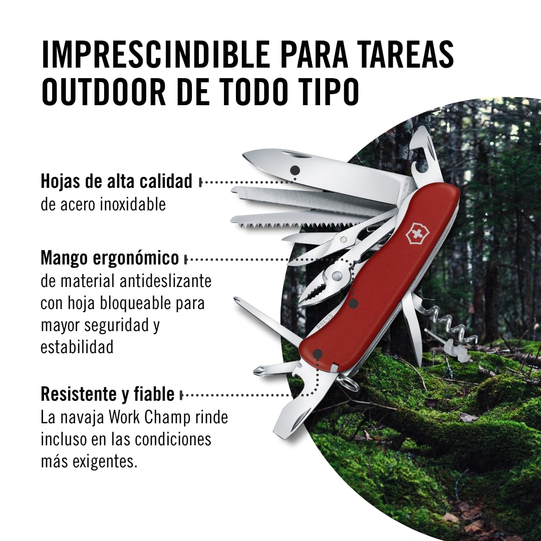 Victorinox Workchamp, Color Rojo, 111 mm, 21 Usos | Herramienta plegable resistente de 4.4 pulgadas con sierra de madera, lima de metal, alicates y tijeras. Escalas de poliamida