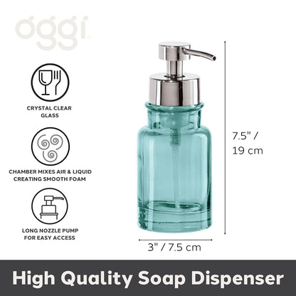 OGGI Dispensador de jabón espumante de vidrio – Capacidad de 10 onzas, redondo, vidrio pesado, elegante dispensador de jabón de manos rellenable, para baño y cocina, agua/cromo