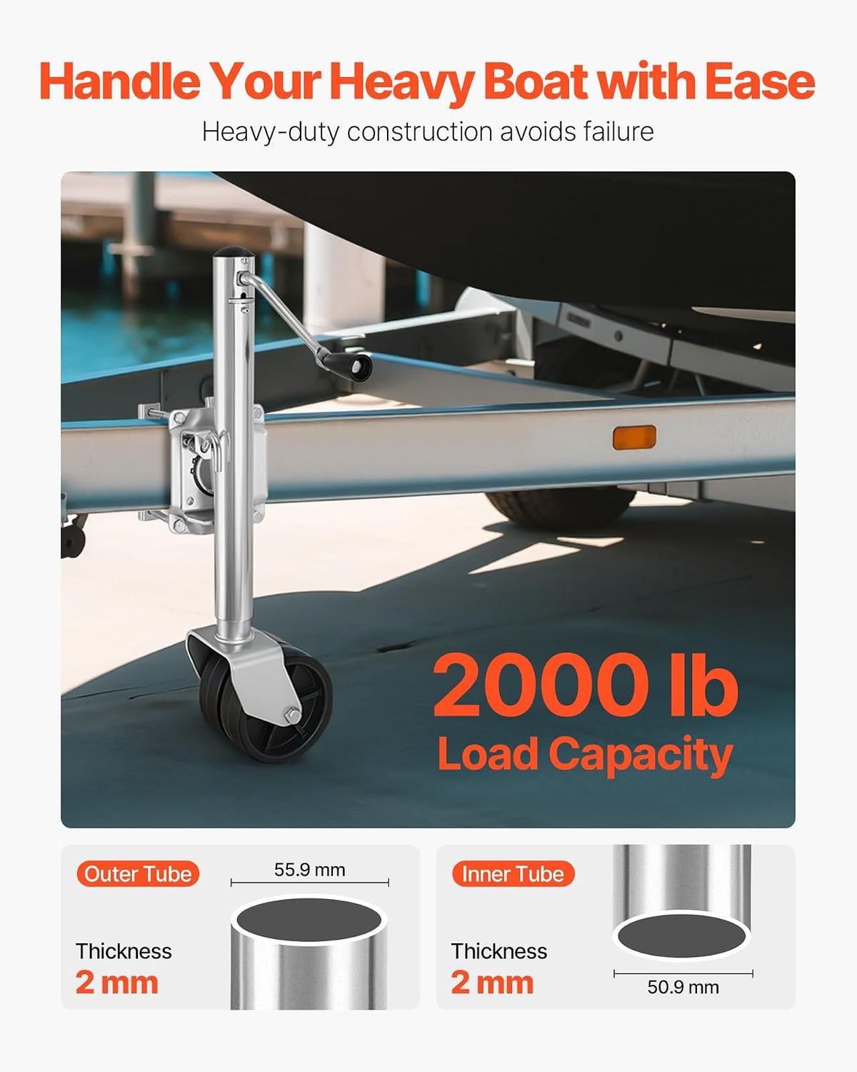VEVOR Gato de Remolque con Rueda, Capacidad de Carga de 907 kg, con Rueda de PP y Mango Ergonómico, Rango de Elevación de 381-685 mm, Giratorio de 90°, para Autocaravanas, Barcos, Remolques