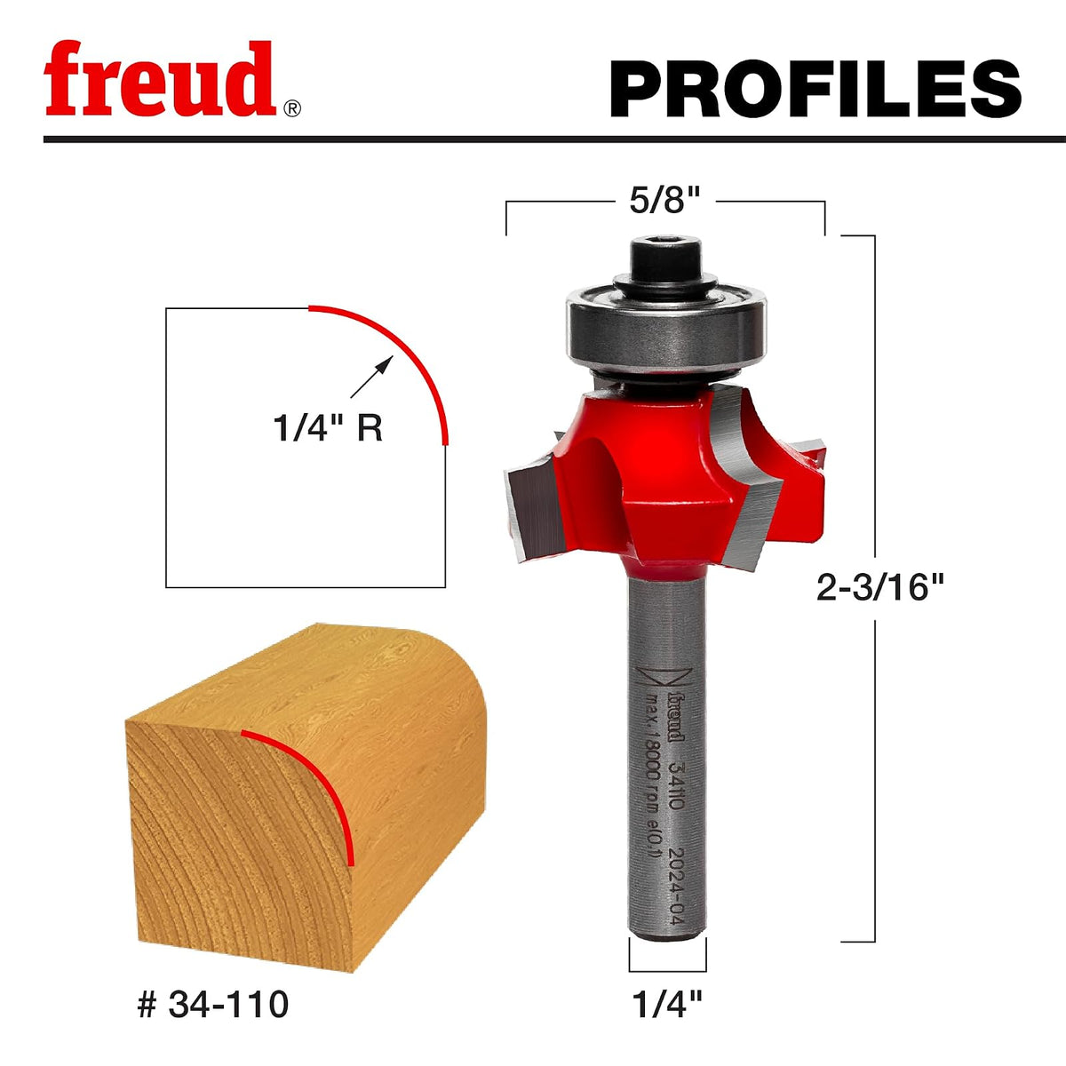 Freud Freud 1/4" Radius Rounding Over Bit, 1/4" Shank (Quadra-Cut) (34-110)