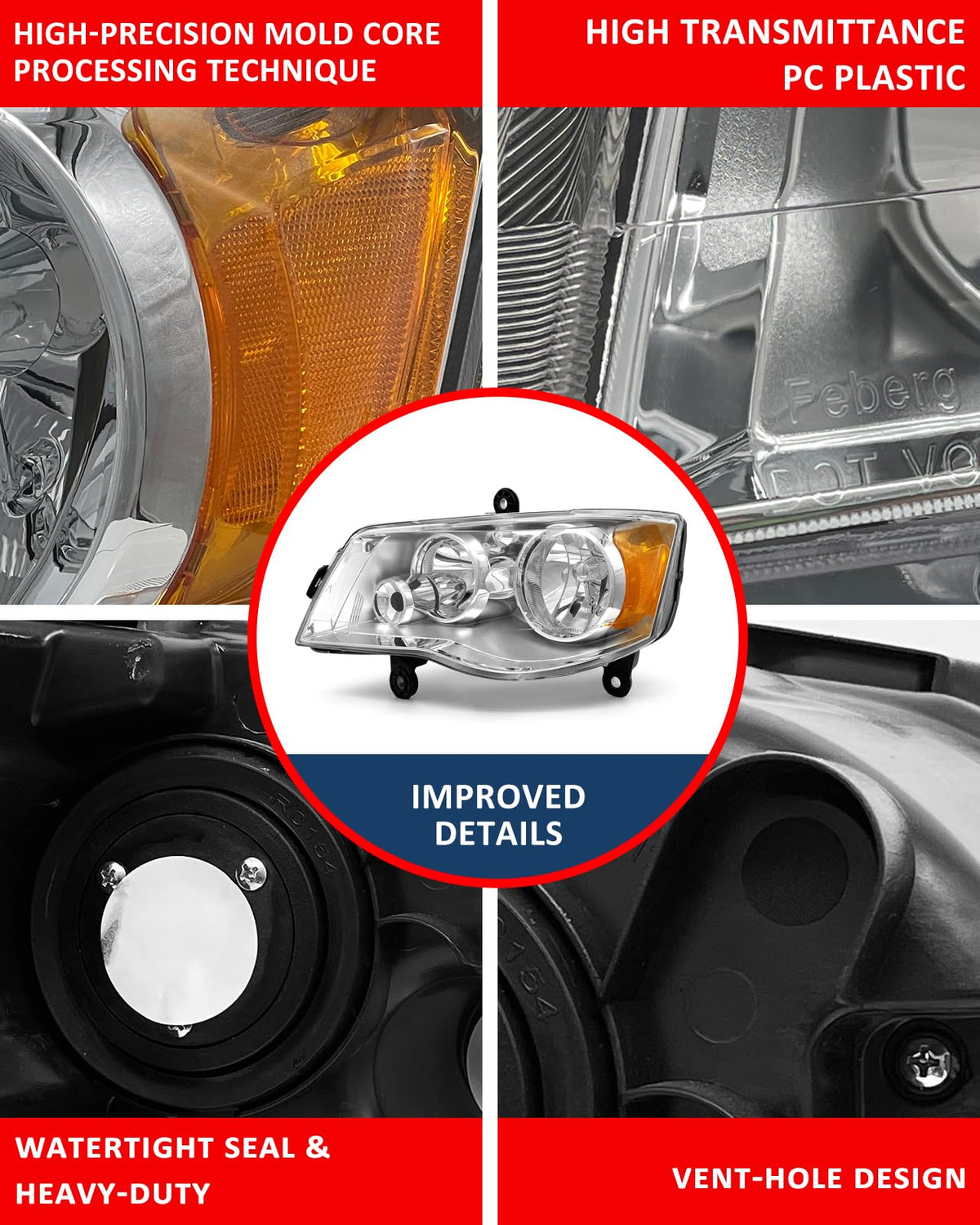 ADCARLIGHTS Compatible con Dodge Grand Caravan 08-16 Chrysler Town & Country Factory Style Faros delanteros cromados para conductor y pasajero