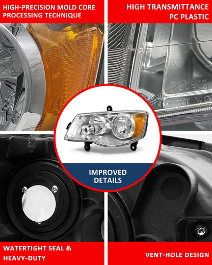 ADCARLIGHTS Compatible con Dodge Grand Caravan 08-16 Chrysler Town & Country Factory Style Faros delanteros cromados para conductor y pasajero