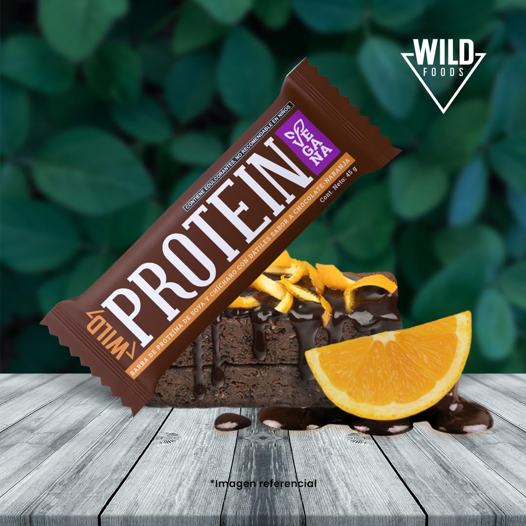Wild Protein | Barras altas en proteína | Vegana | Sabor chocolate y naranja | Pack de 16 unidades | 14 g de proteína | Sin azúcares ni grasa añadida | 45 g cada barra