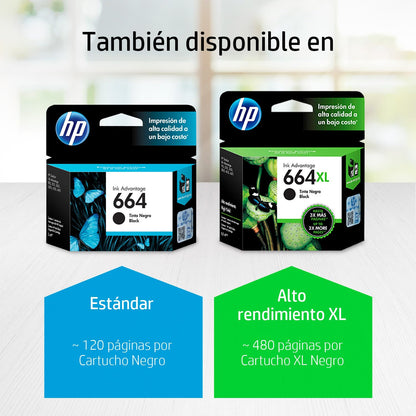 HP Cartucho de Tinta 664XL Negro Original, Compatibilidad con Impresoras Deskjet 4535, 4675, 3835, 1115, 2135, 3635, 2675, 3775, 3785, 3787, 3789, Rendimiento hasta 480 páginas (F6V31AL)