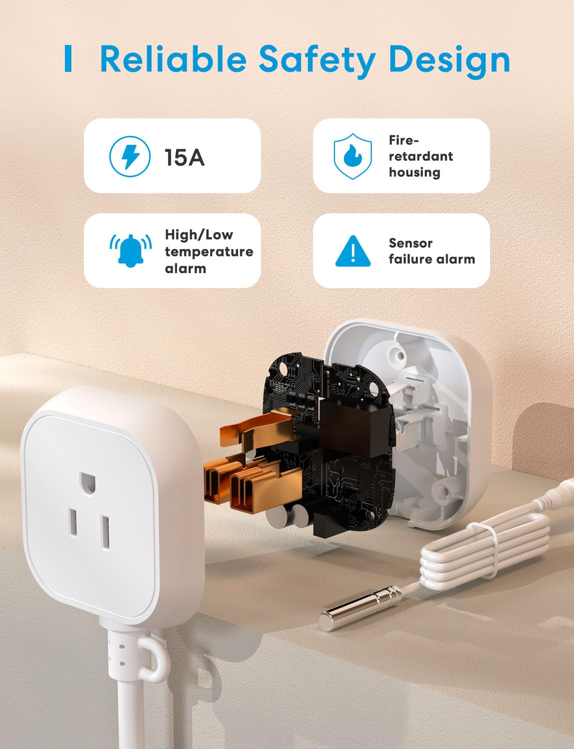 meross - driver de temperatura inteligente de 15 A, 1800 W, enchufe inteligente con control de termostato Wi-Fi, funciona con Apple Home, Alexa, Google Home para calefacción, enfriamiento