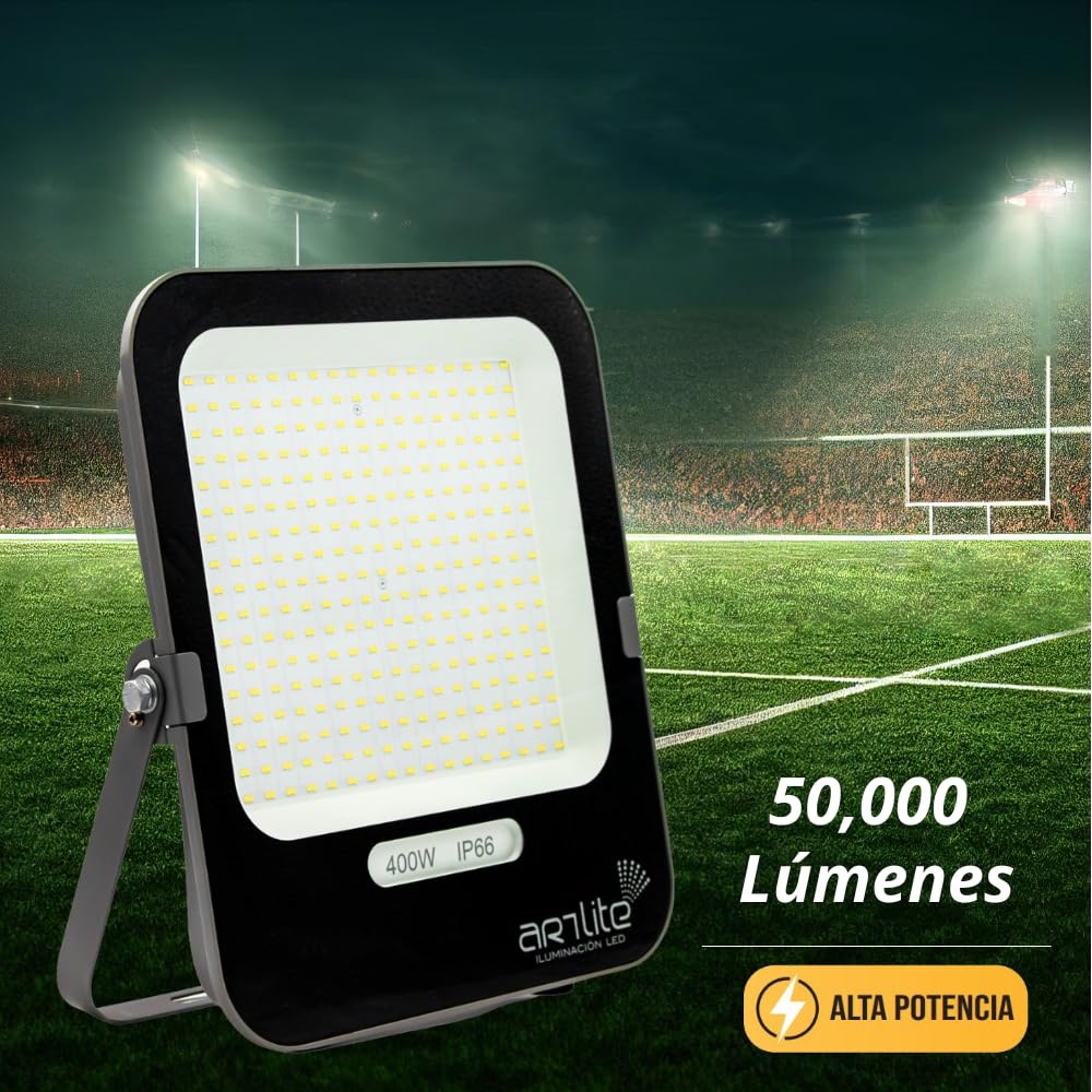 Reflector Artlite LED SMD Cuadrado Slim Blanco Frío 400W Alta Potencia 50,000 Lúmenes 6500K IP66 125Lm/W Apertura 120°