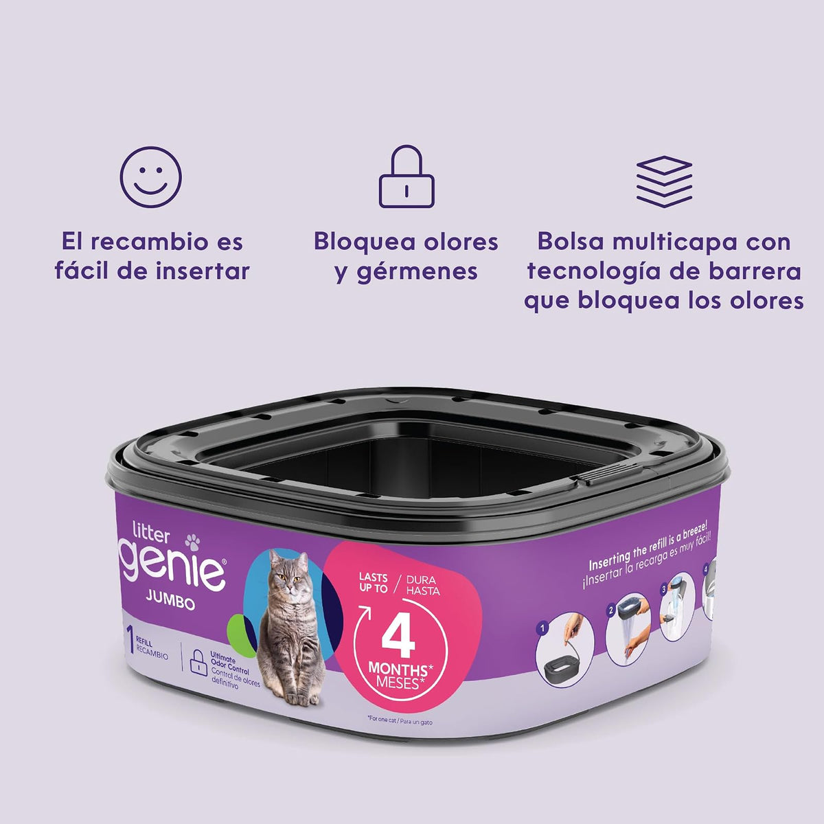 Litter Genie El Recambio Jumbo | Paquete de 1 | Ofrece 28 pies de Bolsas Que Pueden durar hasta 4 Meses para un Gato