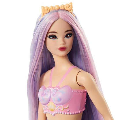 Barbie Fantasía Muñeca Sirena Cabello Lila para niñas de 3 años en adelante