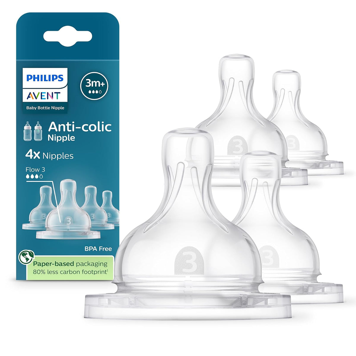Philips Avent Tetina Anti-colic Clínicamente Comprobado Flujo 3 - Medio | Alimentación ininterrumpida | Válvula anticólicos | Textura acanalada que evita colapsos | Flujo 3 Medio | 4 pz | SCY763/44
