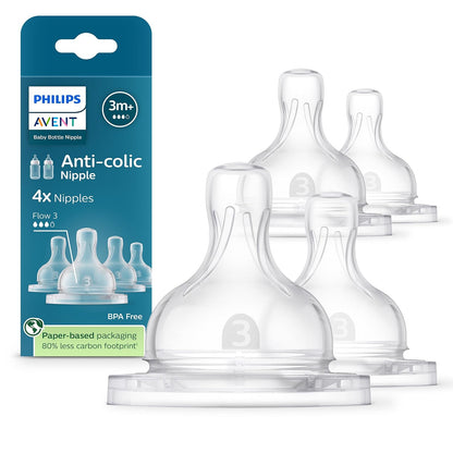 Philips Avent Tetina Anti-colic Clínicamente Comprobado Flujo 3 - Medio | Alimentación ininterrumpida | Válvula anticólicos | Textura acanalada que evita colapsos | Flujo 3 Medio | 4 pz | SCY763/44