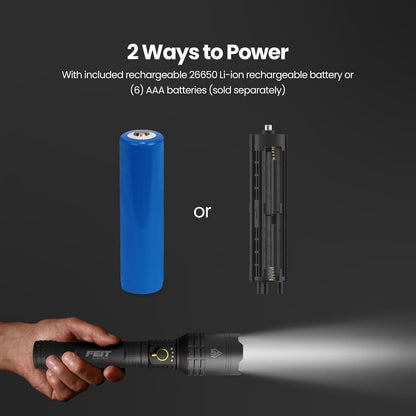 Feit Linterna eléctrica Flex Power, 7000 lúmenes, LED ultrabrillante, recargable y compatible con batería AA, aluminio de grado aeronáutico, carga USB-C, 3 modos de luz, luz de emergencia con