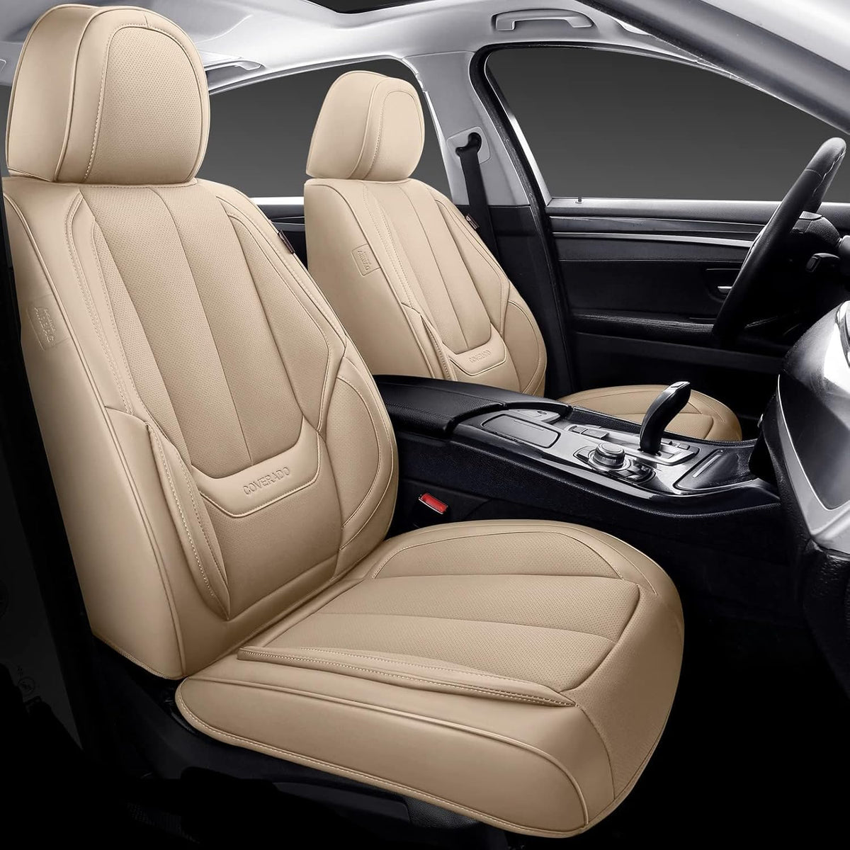Coverado - Juego Completo de Fundas de Asiento de Automóvil, Impermeable, de Piel de napa para Asiento de Automóvil, Fundas de Asiento de Automóvil, Color Beige, Asientos Delanteros y Trasero, Ajuste Universal