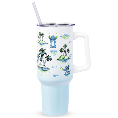 Silver Buffalo Vaso Térmico de Acero Inoxidable con Mango y Popote 40 oz - 40 Ounces - Lilo and Stitch Palmera Island Sketches