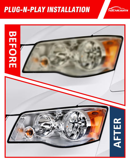 ADCARLIGHTS Compatible con Dodge Grand Caravan 08-16 Chrysler Town & Country Factory Style Faros delanteros cromados para conductor y pasajero