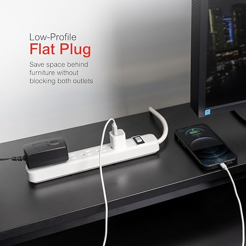 GE 6-Outlet Power Strip, 12 Ft Extension Cord, Flat Plug, Grounded, Integrated Circuit Breaker, 3-Prong, Wall Mount, UL Listed, White, 45195