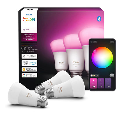 Philips Hue A19 7.2W Espectro Completo Blanco y Color - Chromasync - Paquete de 3