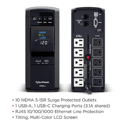 CyberPower CP1000PFCLCD PFC Sinewave UPS 1000VA 600W PFC Compatible Mini-Tower