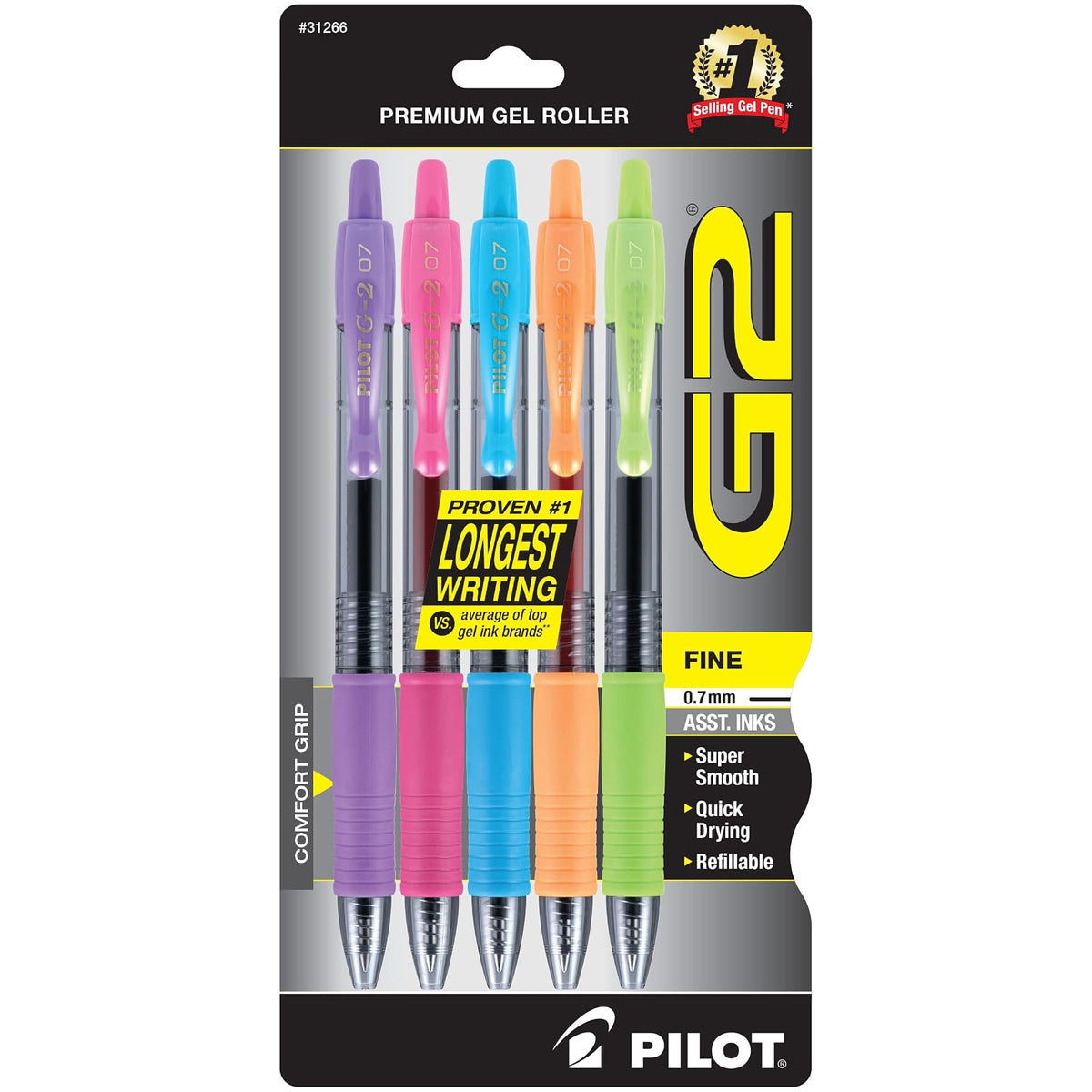 Pilot G2 Bolígrafos de Gel Recargables Punta Fina 0.7 mm - Variado (Púrpura - Rosado - Turquesa - Anaranjado - Lima) - Paquete de 5